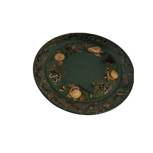 Large   handprinted tray  green floral Toll  metal round 18 3/4in pears grapes - Picture 7 of 7
